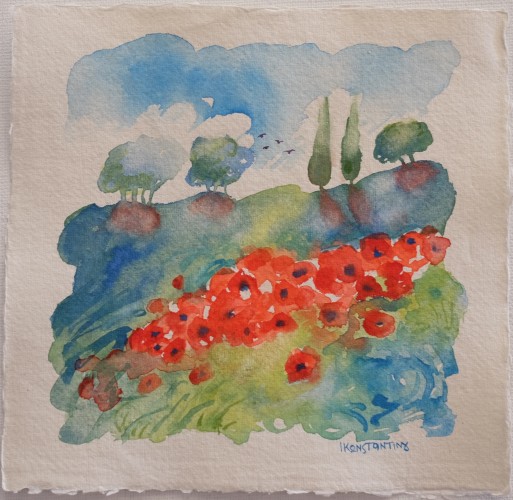 Slope and flowers, handmade paper, 20x20cm